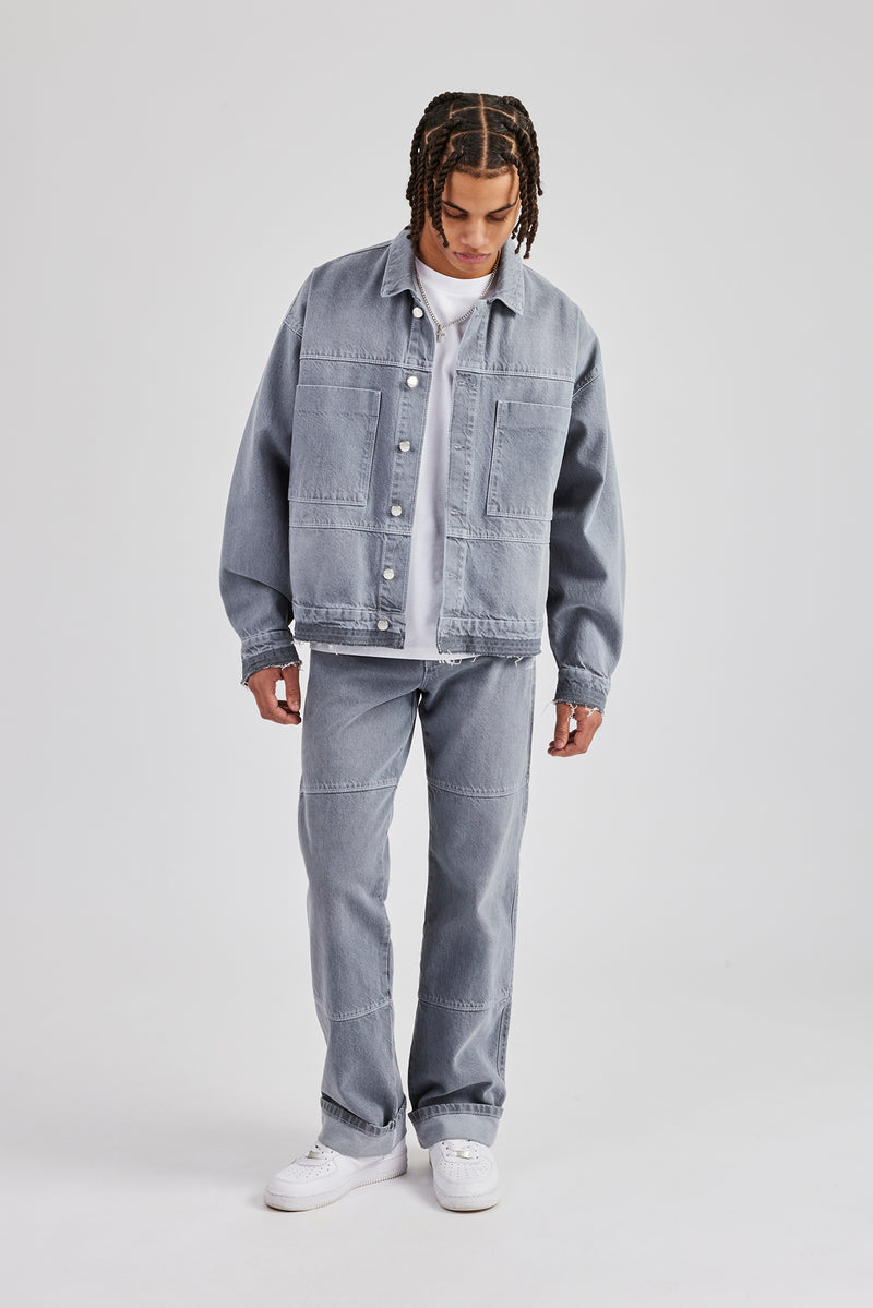 Mens Contrast Stitch Denim Jacket & Turn Up Jean - Washed Grey