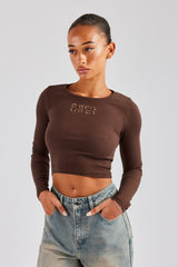 Glitter Applique Rib Long Sleeve Top - Chocolate