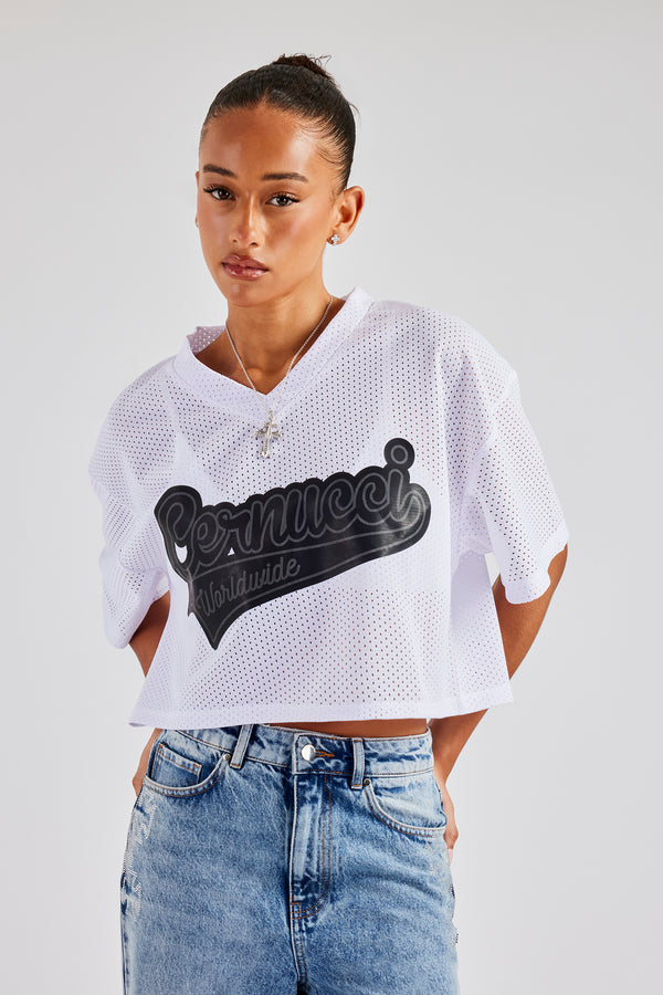 Varsity Mesh Cropped T-Shirt - White