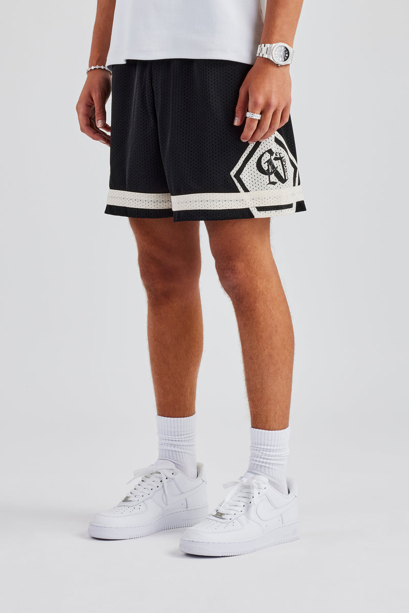 Logo Panelled Mesh Short - Black