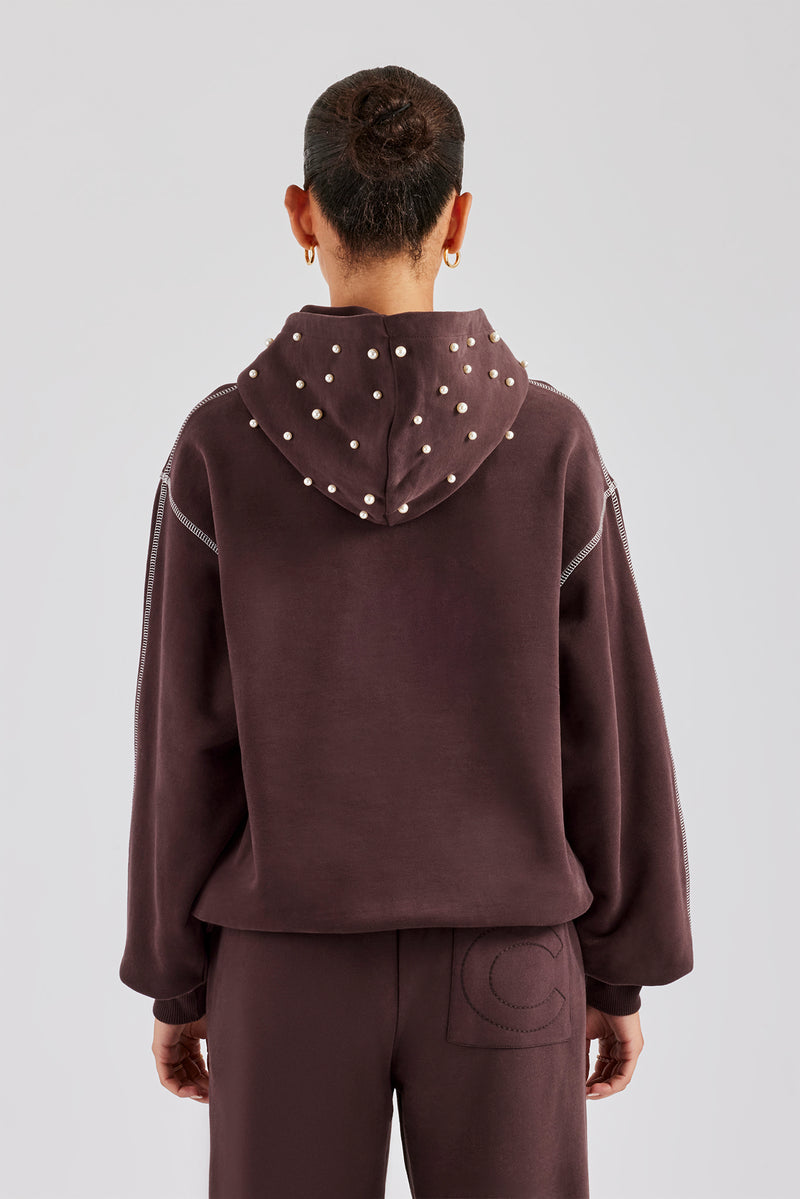 Contrast Stitch Pearl Hoodie - Chocolate