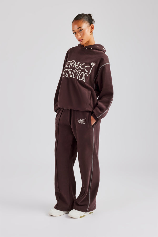 Contrast Stitch Pearl Tracksuit - Chocolate