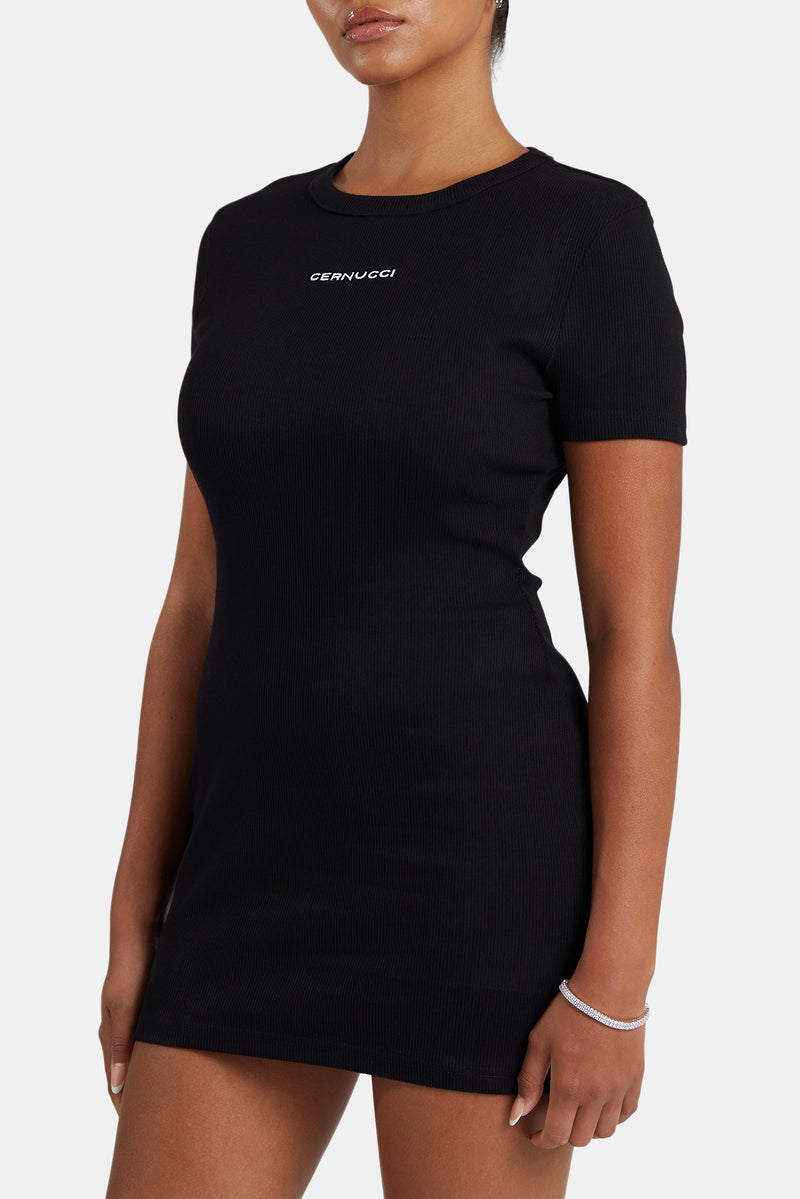 Embroidered Ribbed Short Sleeve Dress - Black