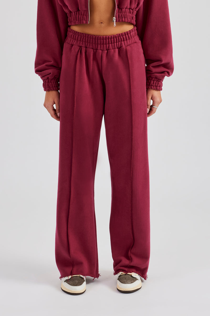 Exposed Seam Wide Leg Jogger - Cherry Red