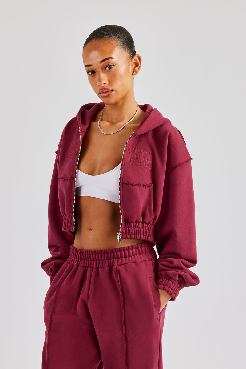 Cropped Exposed Seam  Zip Through Hoodie - Cherry Red