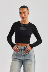 Long Sleeve Applique T-Shirt - Black