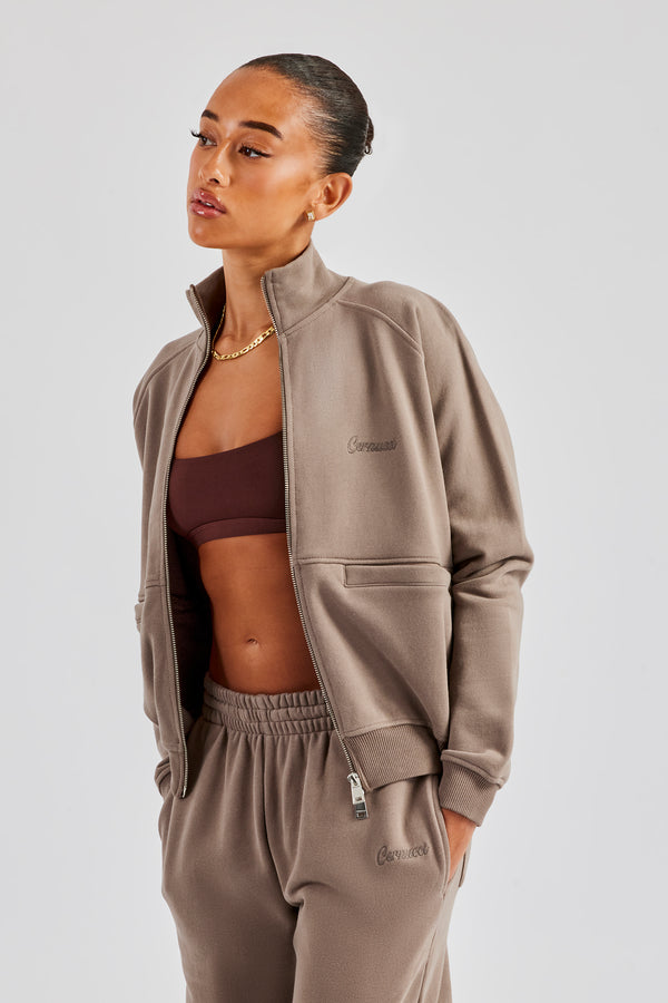 Funnel Neck Zip Through Sweat - Taupe