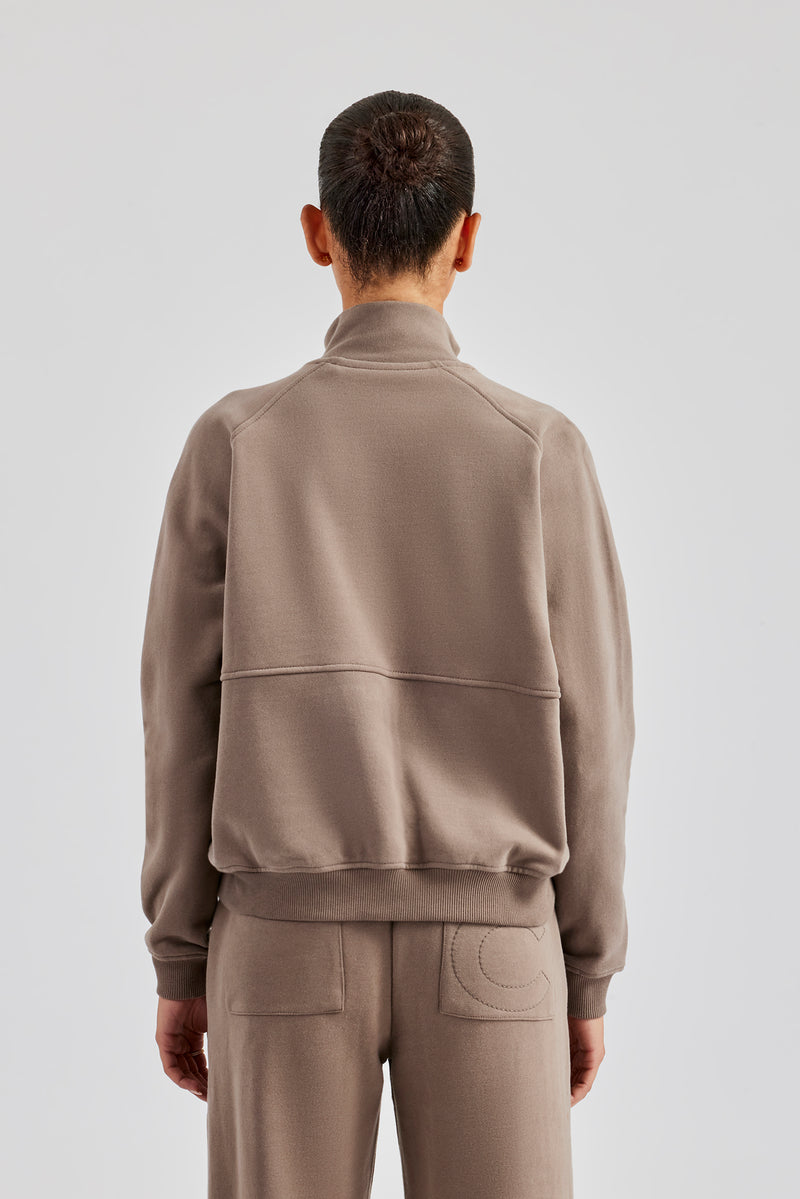 Funnel Neck Zip Through Sweat - Taupe