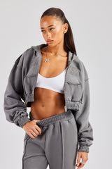 Cropped Exposed Seam  Zip Through Hoodie - Charcoal