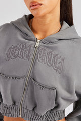 Cropped Exposed Seam  Zip Through Hoodie - Charcoal