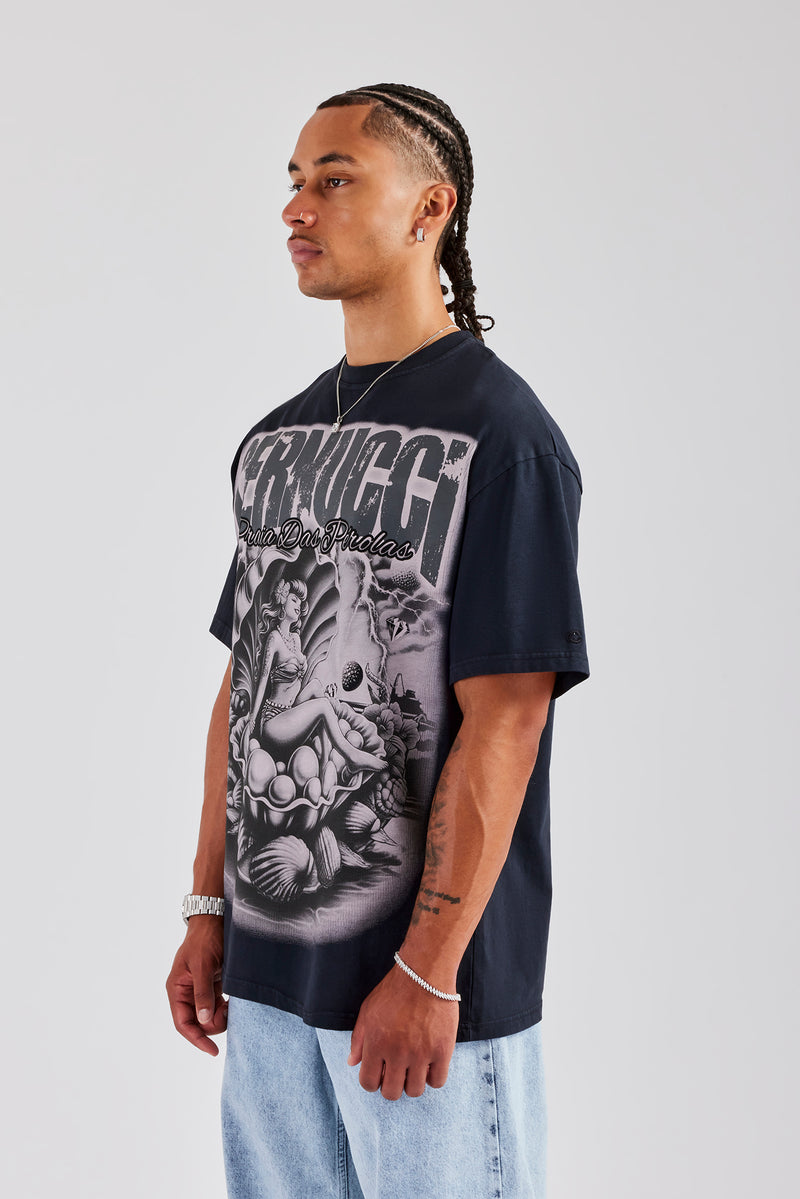 Acid Wash Praia Das Perolas Oversized T-Shirt - Charcoal