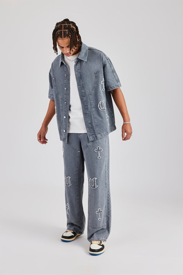 Raw Edge Applique Carpenter Denim Shirt & Jeans - Washed Grey