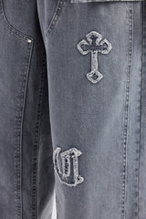 Raw Edge Applique Carpenter Denim Jeans - Washed Grey