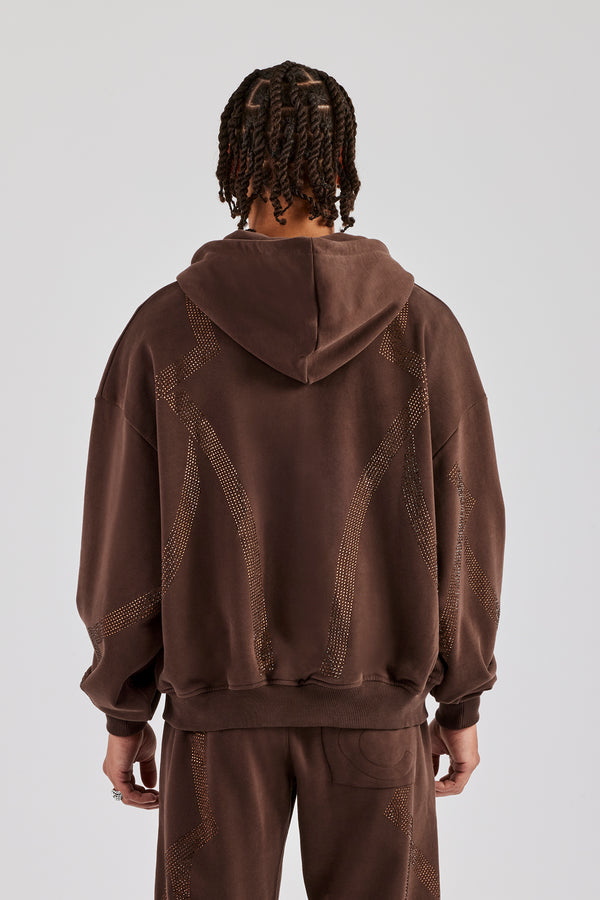 Rhinestone Diamond Zip Through Hoodie - Chocolate