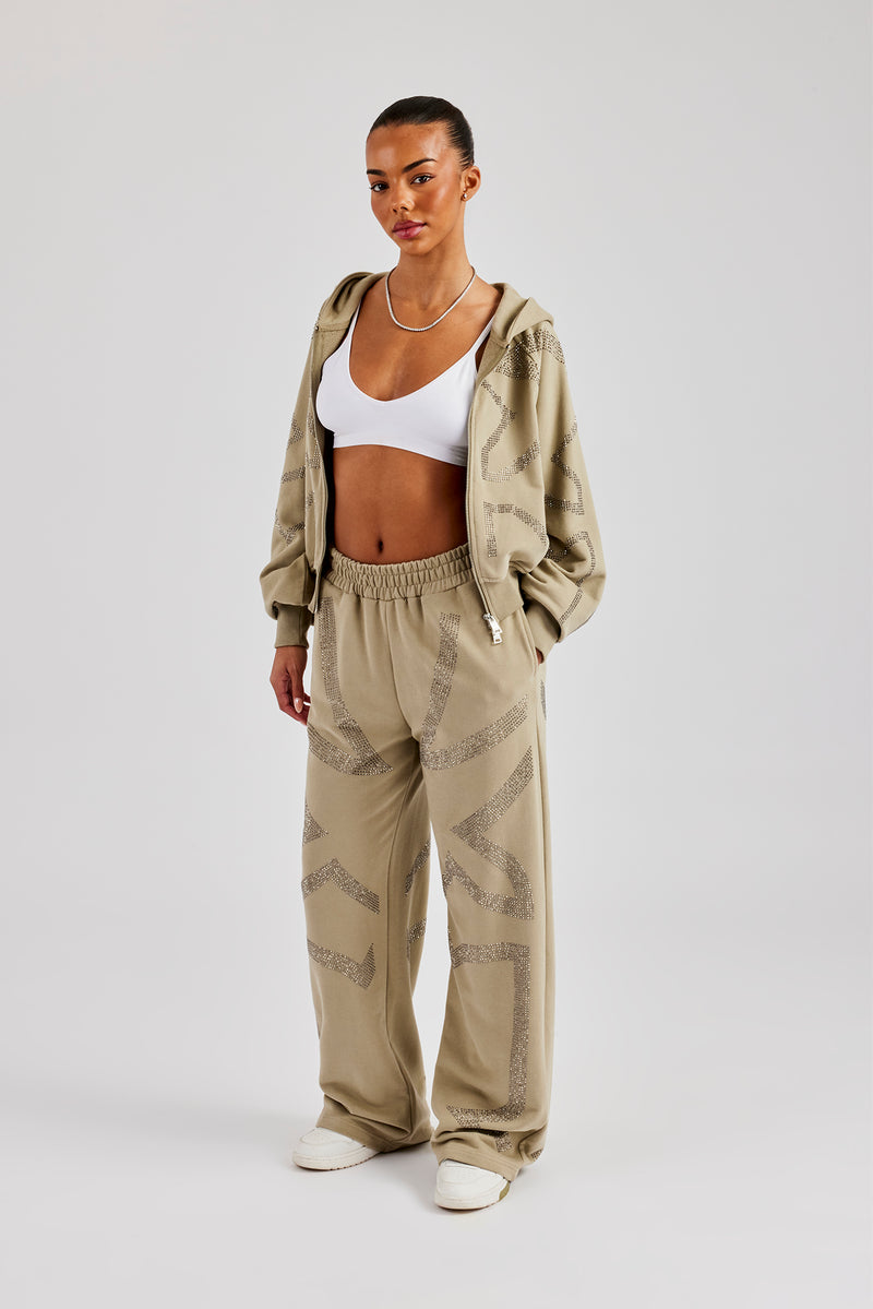 Rhinestone Cross Wide Leg Jogger - Khaki