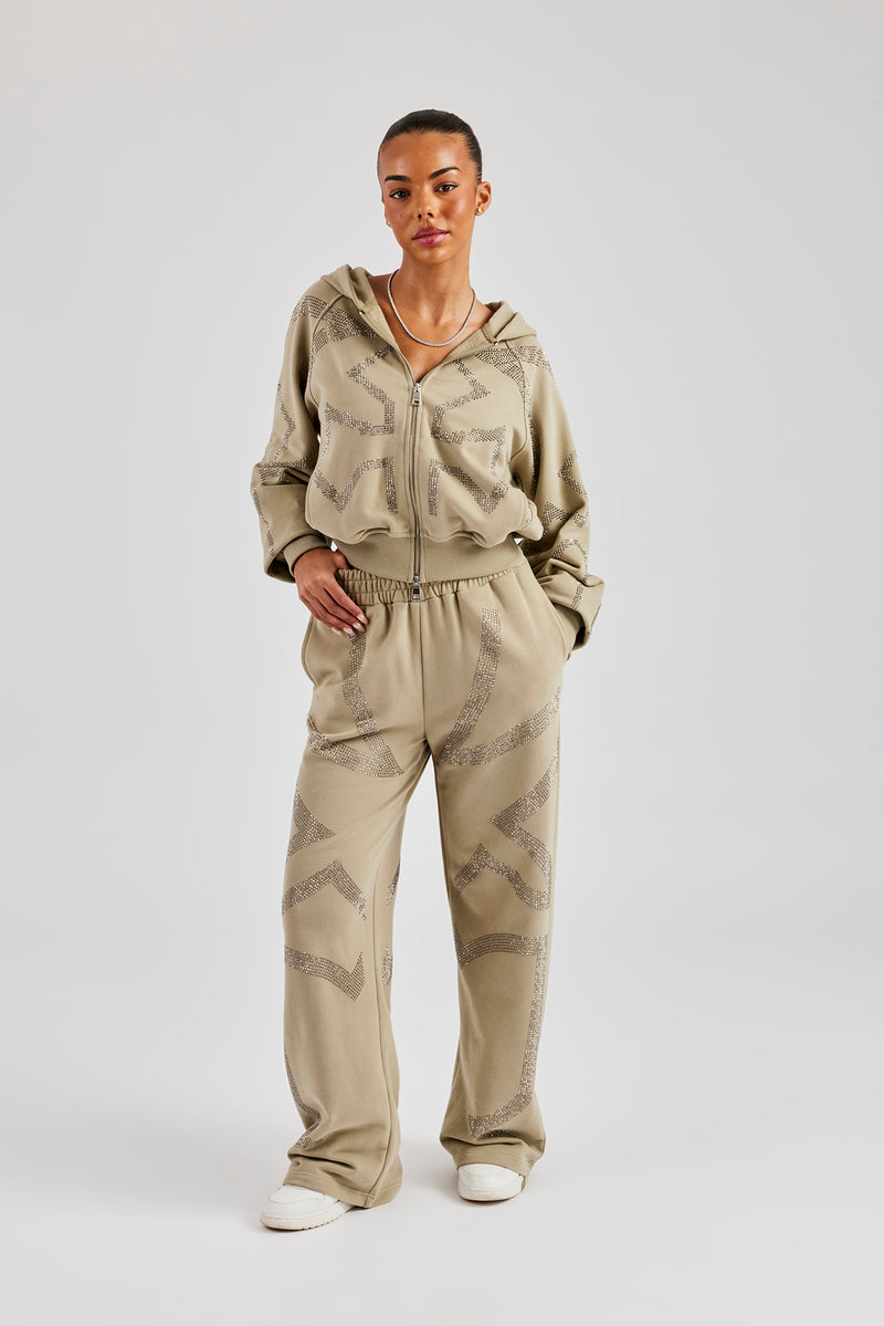 Rhinestone Cross Boxy Tracksuit - Khaki