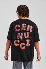 Cernucci Orange Letter Rhinestone Oversized T-Shirt - Black