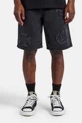 Raw Edge Applique Denim Bermuda Short - Black