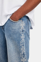 Relaxed Rhinestone Motif Jeans - Mid Blue