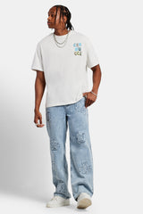 Baggy Raw Edge Applique Jeans - Light Blue