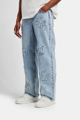 Baggy Raw Edge Applique Jeans - Light Blue