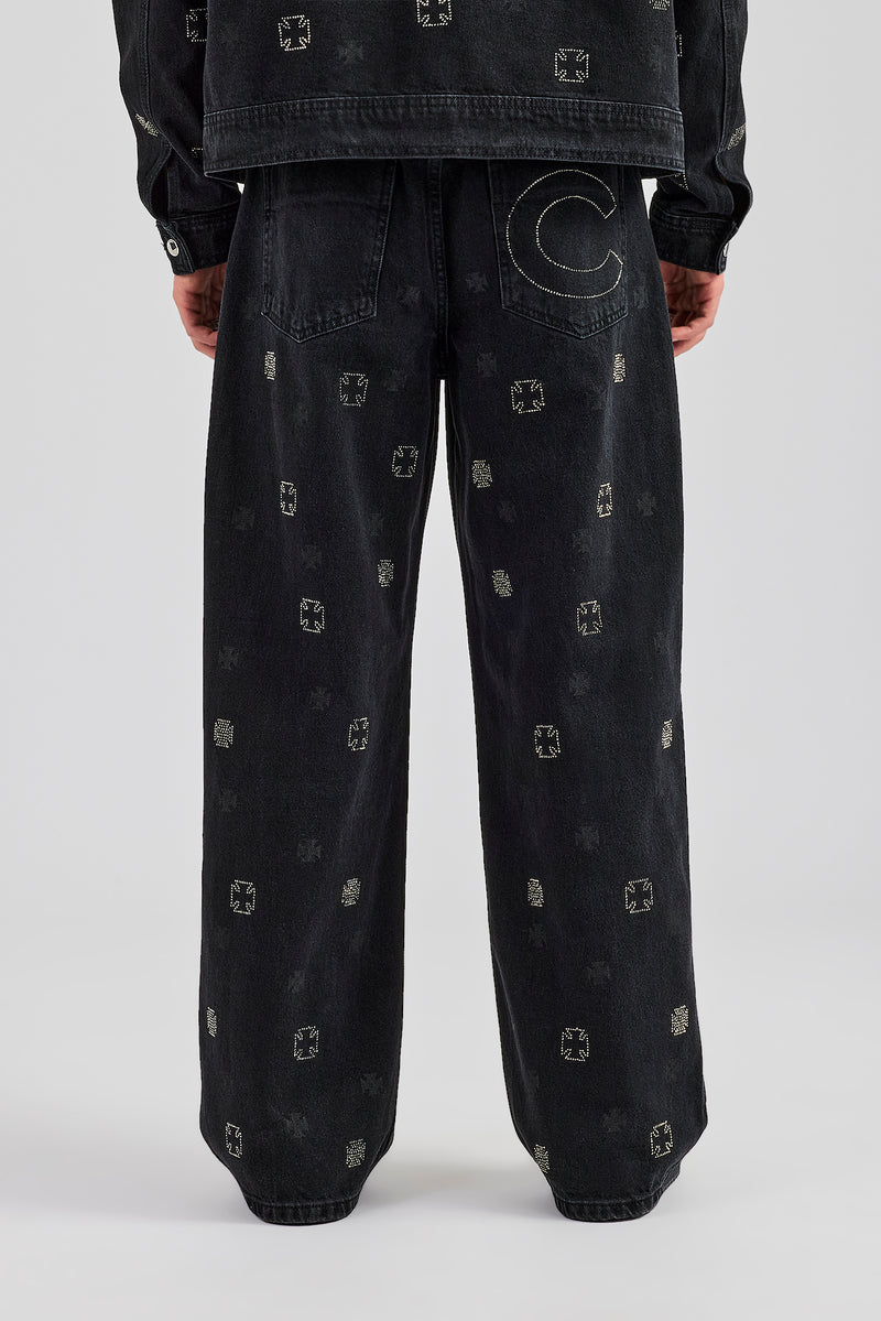 Motif Embellished Baggy Fit Jean - Washed Black