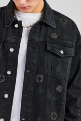 Oversized Embellished Denim Jacket - Washed Black