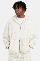 C Repeat Rhinestone Zip Through Hoodie - Ecru