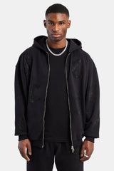 C Repeat Rhinestone Zip Through Hoodie - Black