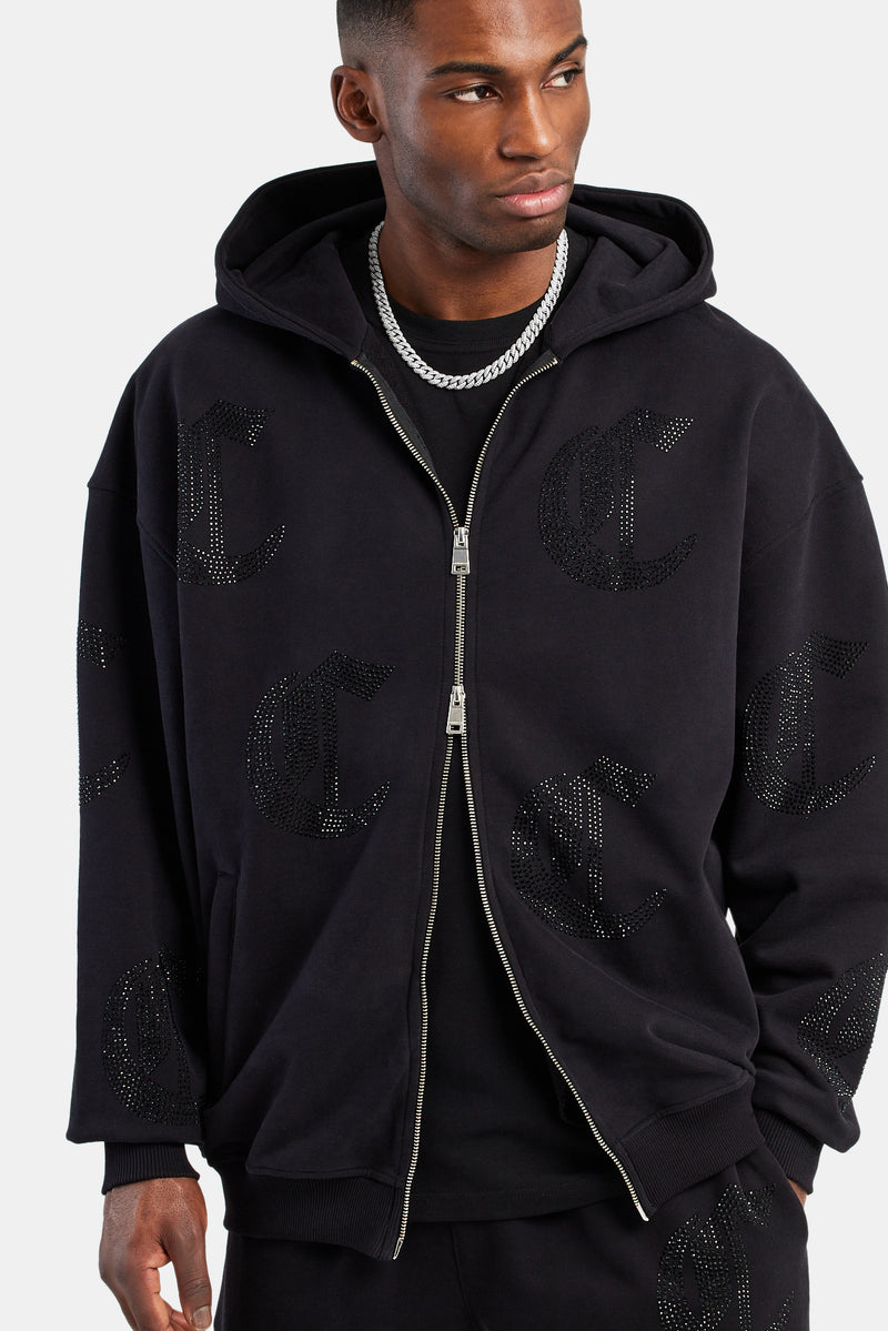 C Repeat Rhinestone Zip Through Hoodie - Black