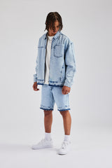 Denim Zip Jacket & Panelled Short Set - Light Blue