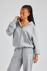 C Embroidered Zip Through Hoodie - Grey Marl