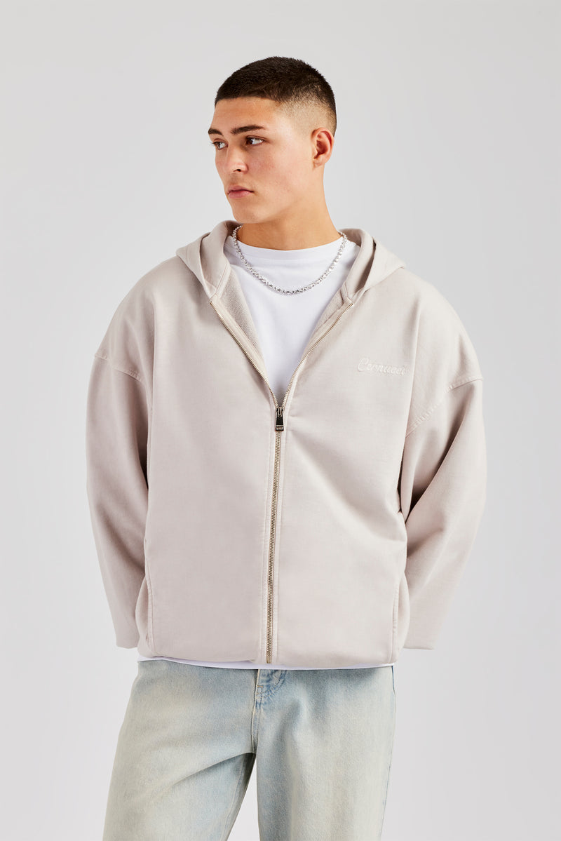 Embroidered Zip Through Hoodie - Washed Stone