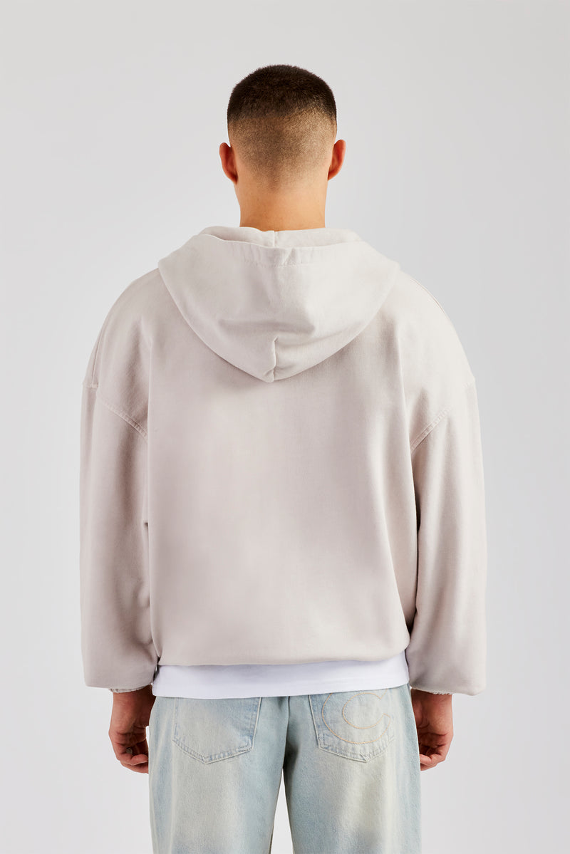 Embroidered Zip Through Hoodie - Washed Stone