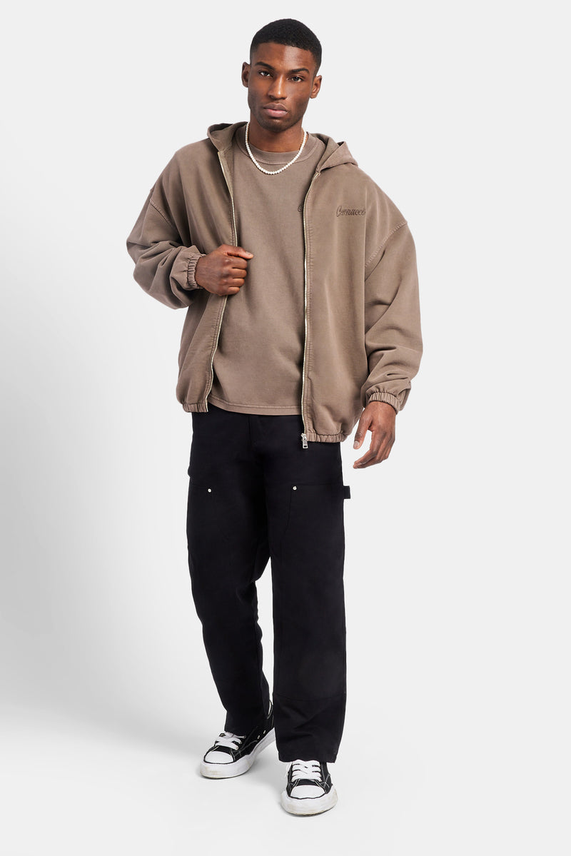 Embroidered Zip Through Hoodie - Washed Brown