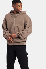 Embroidered Zip Through Hoodie - Washed Brown