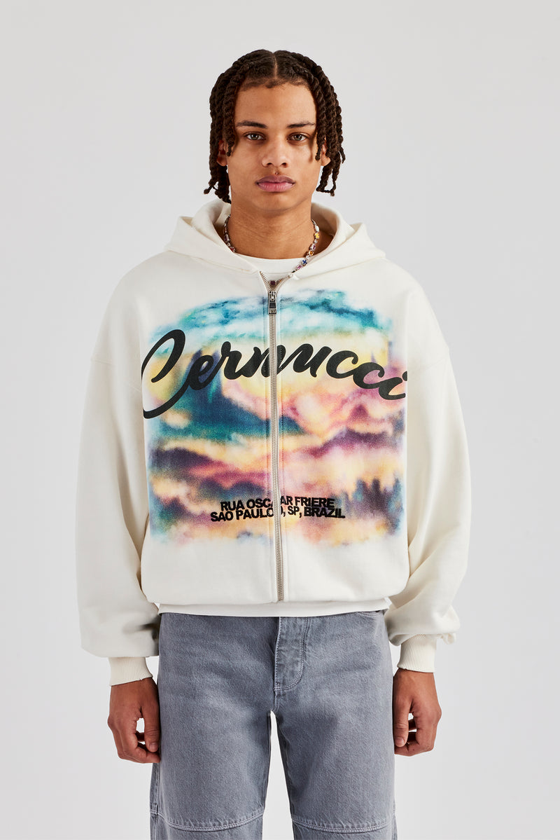 Boxy Zip Through Printed Hoodie - Off White