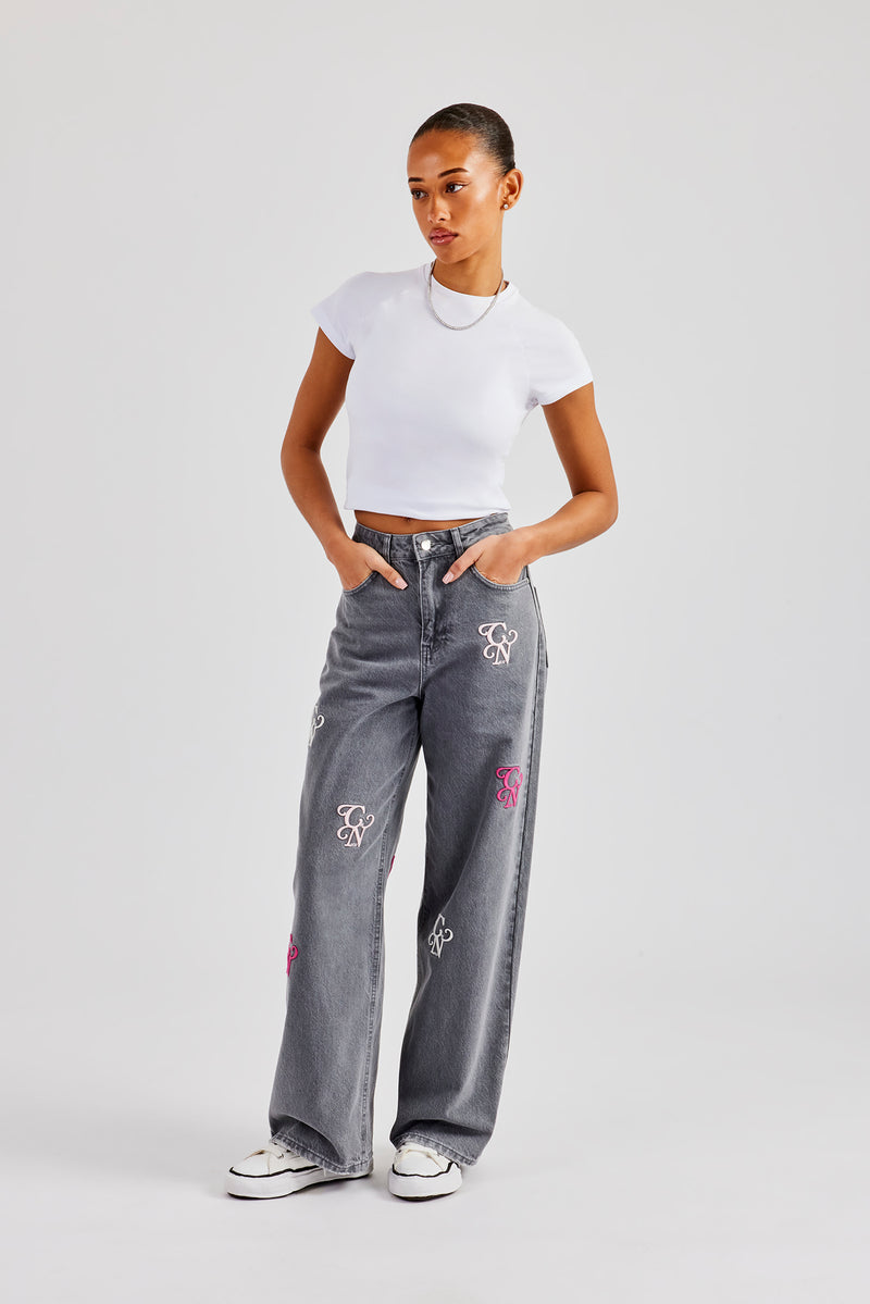 Womens Baggy Fit Branded Embroidered Denim Jean - Washed Grey