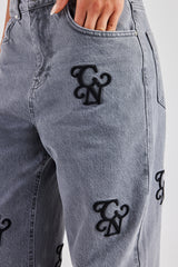 Womens Baggy Fit Branded Embroidered Denim Jean - Washed Grey