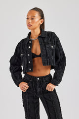 Oversized Raw Edge Cropped Denim Jacket - Washed Black