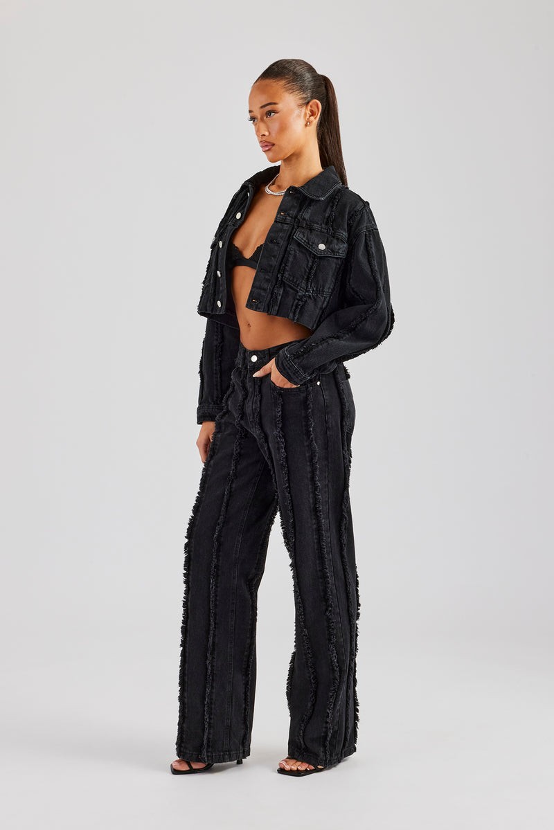 Oversized Raw Edge Cropped Denim Jacket - Washed Black