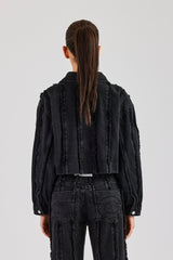 Oversized Raw Edge Cropped Denim Jacket - Washed Black