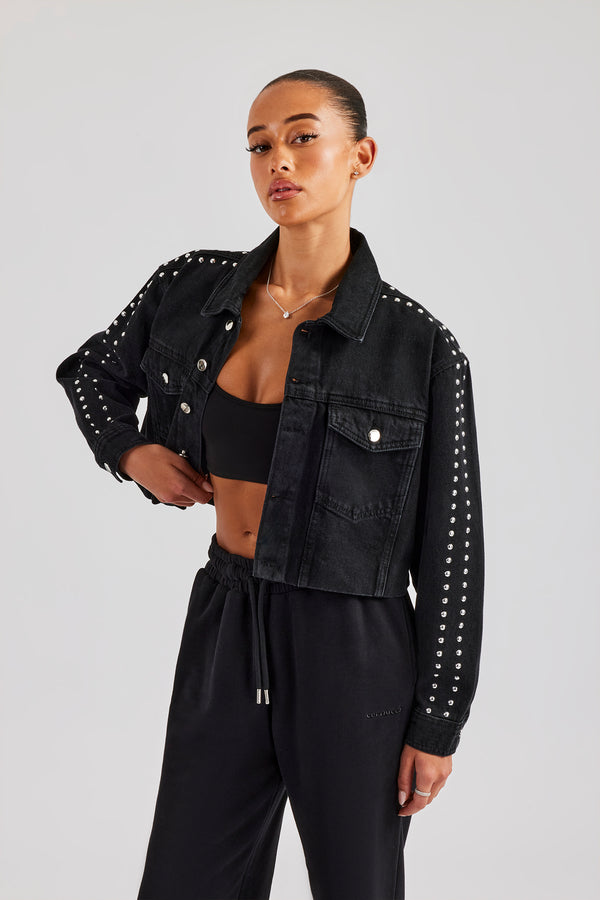 Stud Cropped Denim Jacket - Washed Black