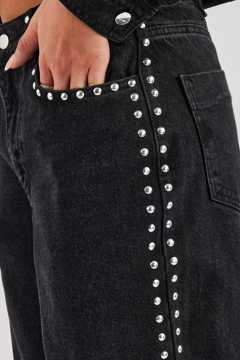 Stud Cropped Denim Jacket & Flare Jean - Washed Black