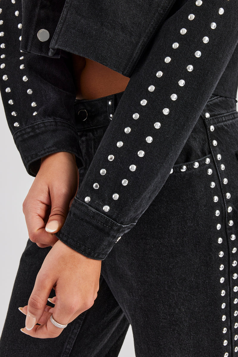 Stud Cropped Denim Jacket - Washed Black