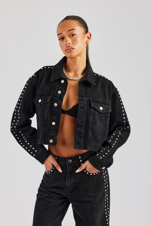 Stud Cropped Denim Jacket - Washed Black