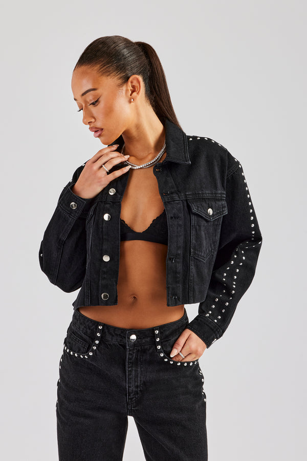 Stud Cropped Denim Jacket & Flare Jean - Washed Black