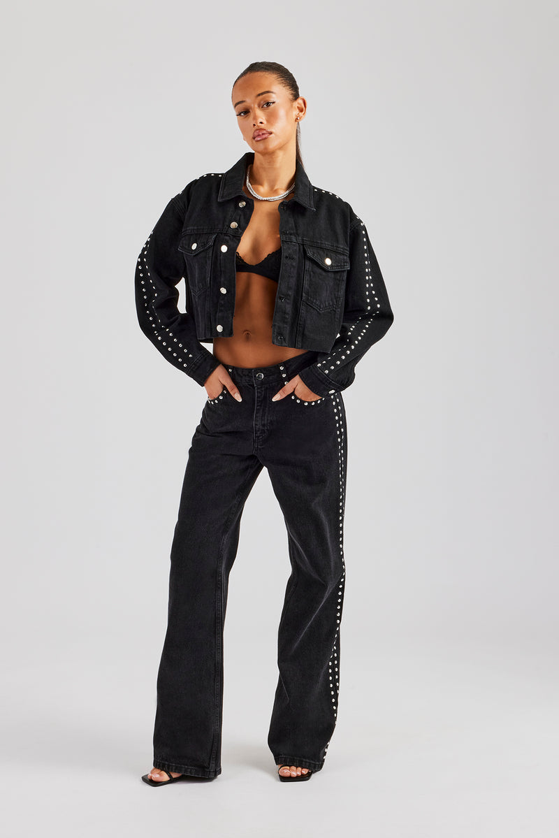 Stud Cropped Denim Jacket & Flare Jean - Washed Black