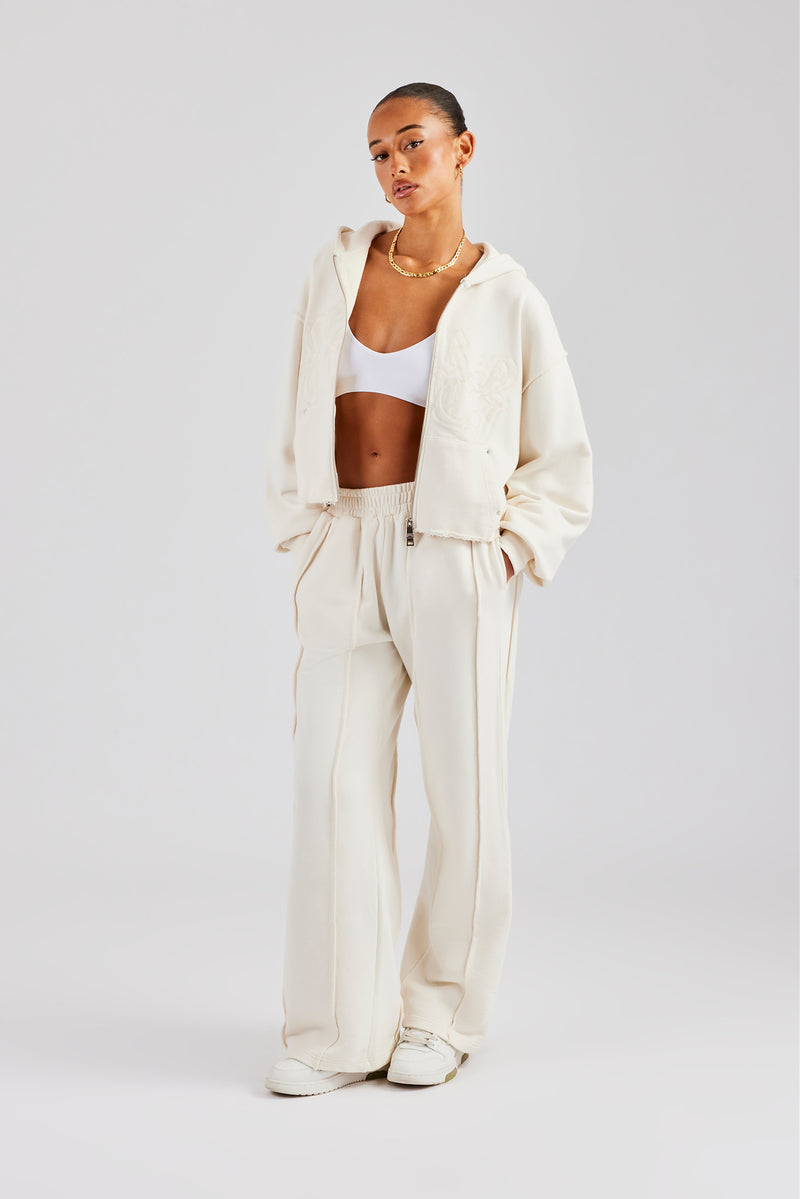 Raw Edge Zip Through Hoodie and Jogger Set - Off White