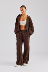 Raw Edge Zip Through Hoodie and Jogger Set - Chocolate